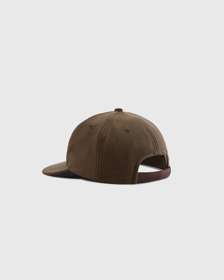 The Ebbets Field Grateful Dead Double Bolt Wool Ballcap, seen from the back with its leather adjustable strap and curved brim, is shown against a plain light gray background.