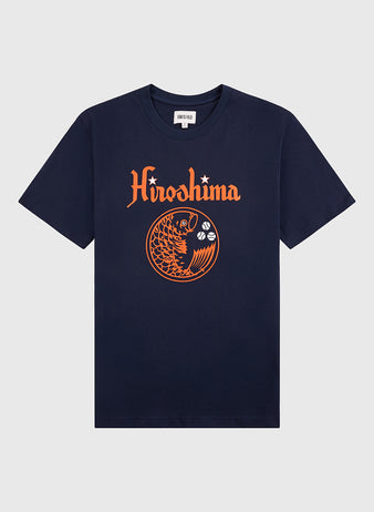 The Hiroshima Carp Short Sleeve Graphic Tee by Ebbets Field features an orange koi jumping over waves with a star above the text on navy blue, shown on a plain light gray background—a perfect nod to vintage baseball style.