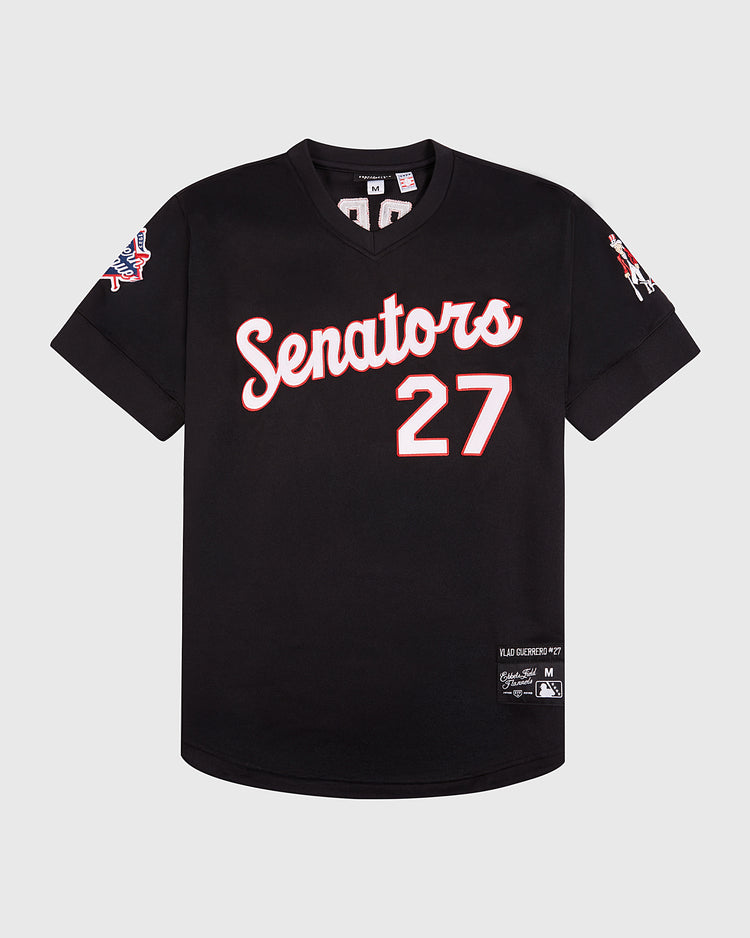 The EFF Vladimir Guerrero Harrisburg Senators V-Neck Jersey features a black design with white and red 