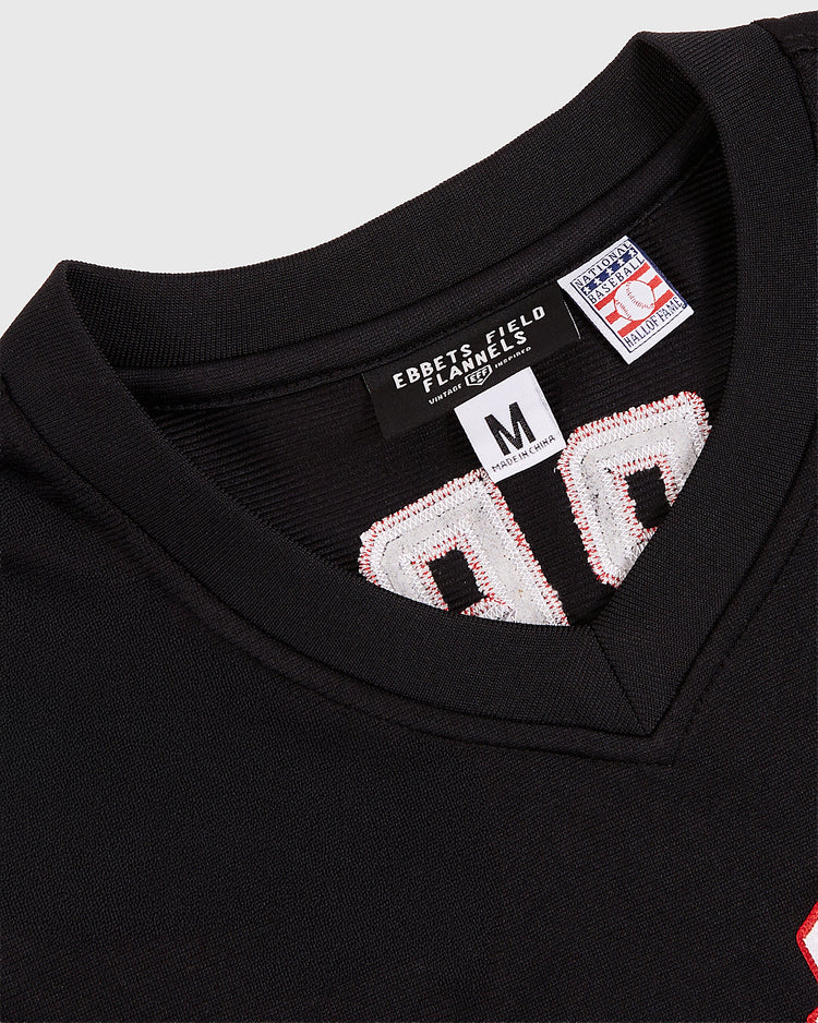 Close-up of the collar on a black Vladimir Guerrero Harrisburg Senators V-Neck Jersey by EFF, with sewn white-and-red numbers, visible brand tags, and a size M (medium) label.