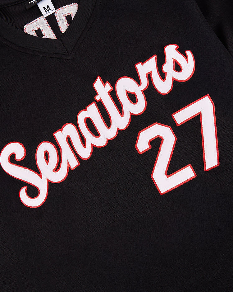 The EFF Vladimir Guerrero Harrisburg Senators V-Neck Jersey features “Senators” in white and red script on black, plus the number 27 in white with a red outline—classic style honoring Guerrero.