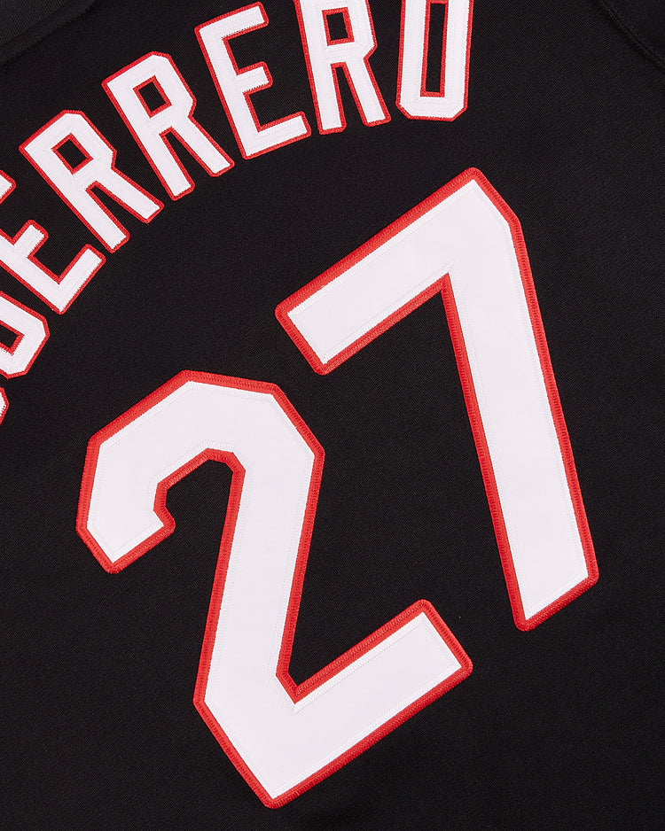 Close-up of the EFF Vladimir Guerrero Harrisburg Senators V-Neck Jersey, showcasing GUERRERO and the bold white and red number 27—a tribute to a baseball Hall of Famer.