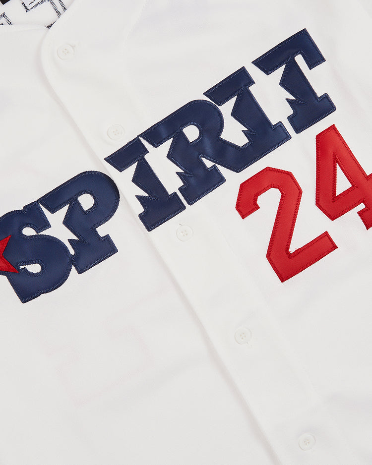 Close-up of the Ebbets Field Ken Griffey Jr Bernardino Spirit Button Up Jersey, featuring bold navy SPIRIT lettering, a large red number 24 on the right, and classic white front buttons.
