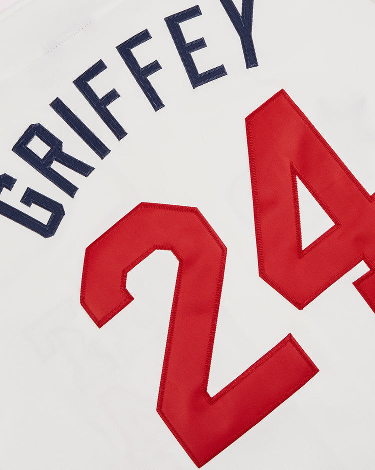 Close-up of an Ebbets Field Ken Griffey Jr Bernardino Spirit Button Up Jersey, featuring 
