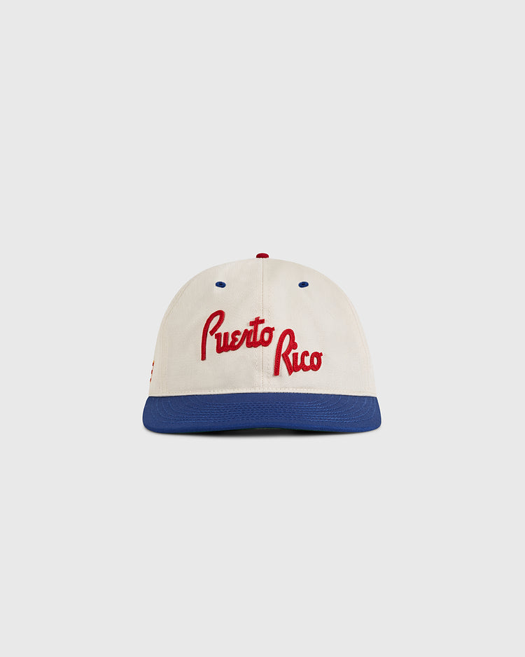 The Ebbets Field Puerto Rico 1958 National Team Cotton Twill Ballcap features a cream color, blue brim, and 