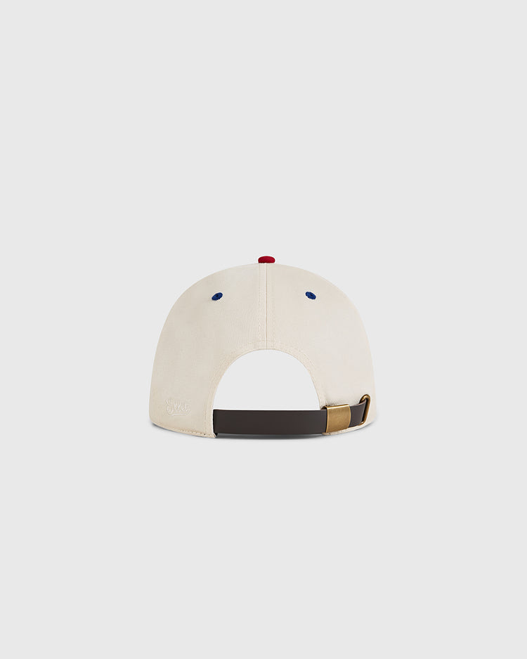 The Ebbets Field Puerto Rico 1958 National Team Cotton Twill Ballcap is shown from the back, displaying its brown adjustable strap with a brass buckle and small red top button against a plain white background.