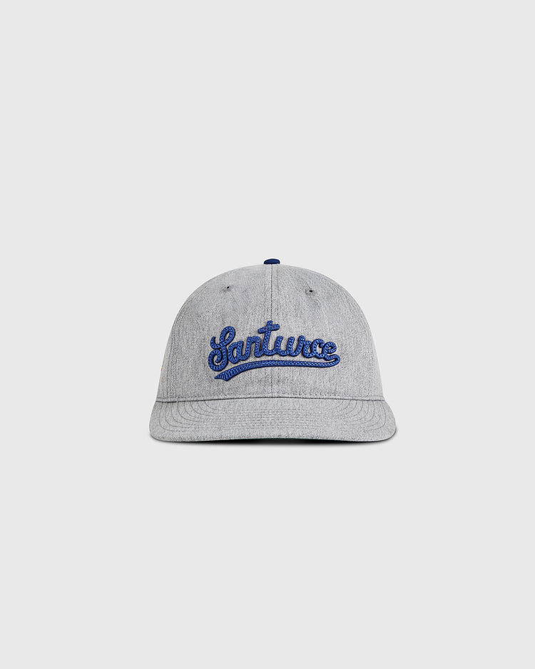 The Ebbets Field Santurce Cangrejeros 1939 Cotton Twill Ballcap features blue embroidered text on gray cotton twill, channeling a vintage baseball hat style against a plain light background.