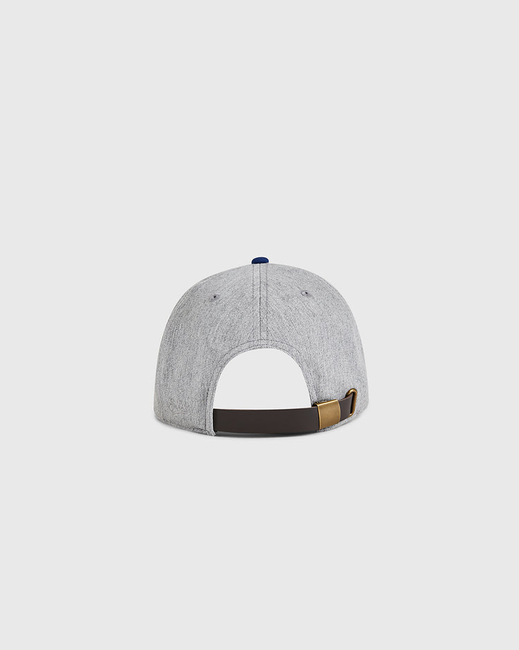 The Ebbets Field Santurce Cangrejeros 1939 Cotton Twill Ballcap in gray, shown from the back with an adjustable black strap and brass buckle, is set against a plain light gray background.