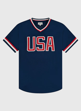 The Ebbets Field USA National Team Mesh V-Neck Jersey features navy blue mesh with white and red trim, inspired by the 1956 Olympics, and 