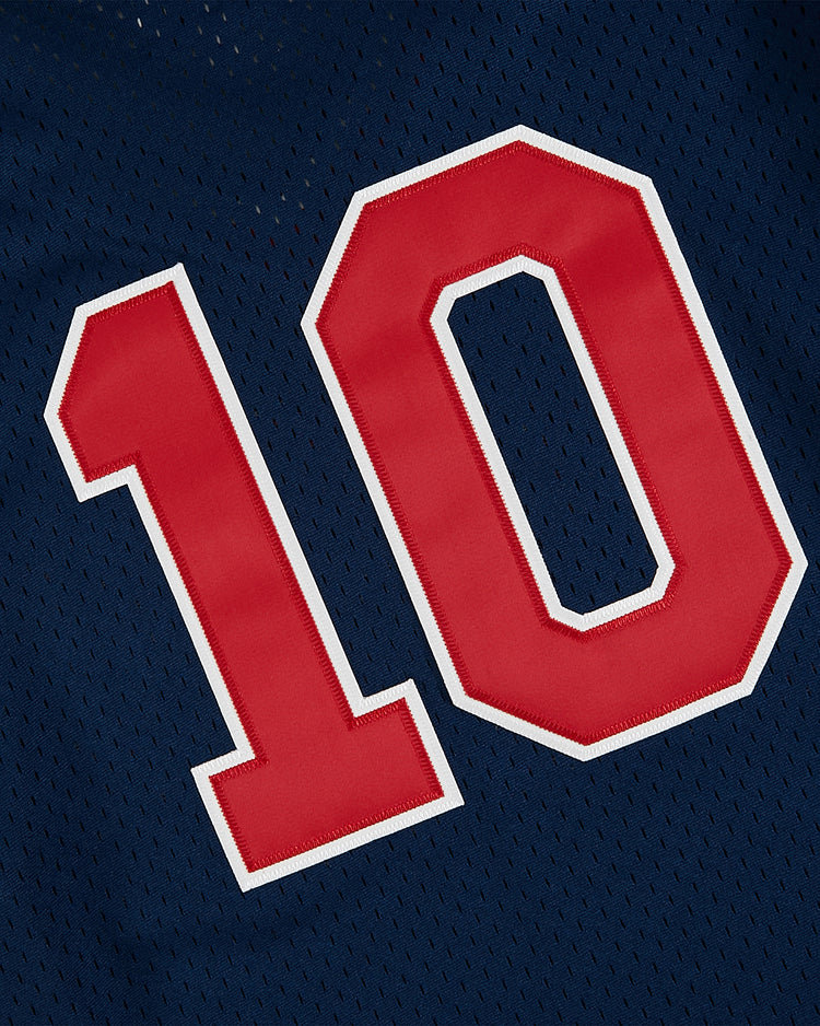 A close-up of the Ebbets Field USA National Team Mesh V-Neck Jersey, styled like a vintage baseball jersey in blue mesh and showcasing a bold red and white number 10.