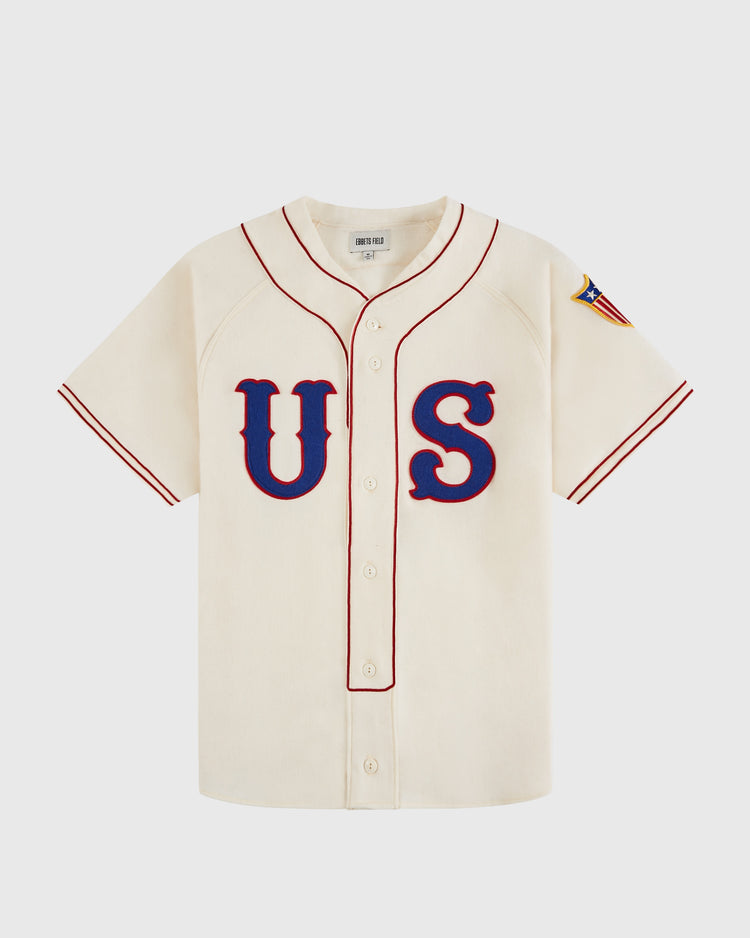The Ebbets Field USA National Team 1936 Authentic Wool Baseball Jersey features a cream design with red piping, bold blue and red 