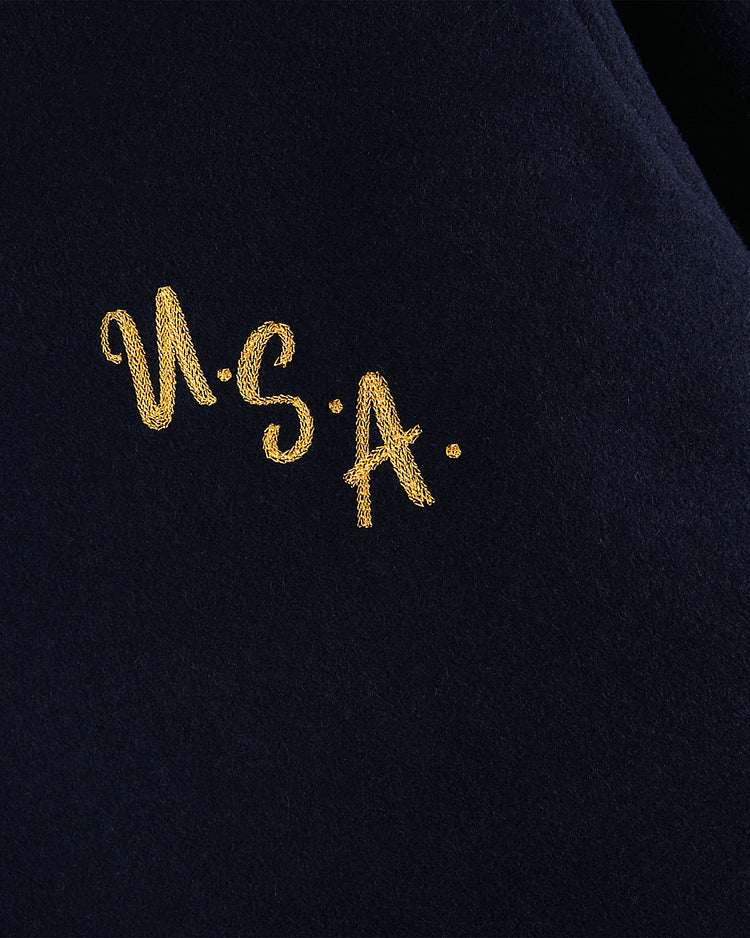 The Ebbets Field USA 1960 All-Wool Varsity Jacket has navy blue fabric with 