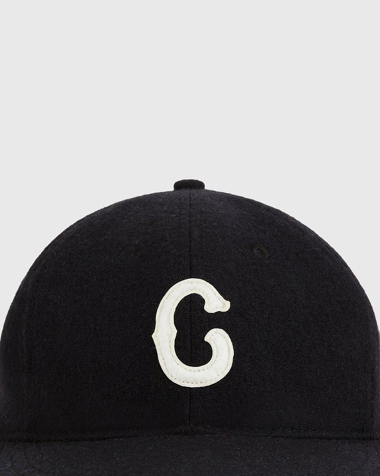 A close-up of the Ebbets Field Pittsburgh Crawfords 1933 Authentic Wool Ballcap, featuring a large white embroidered 