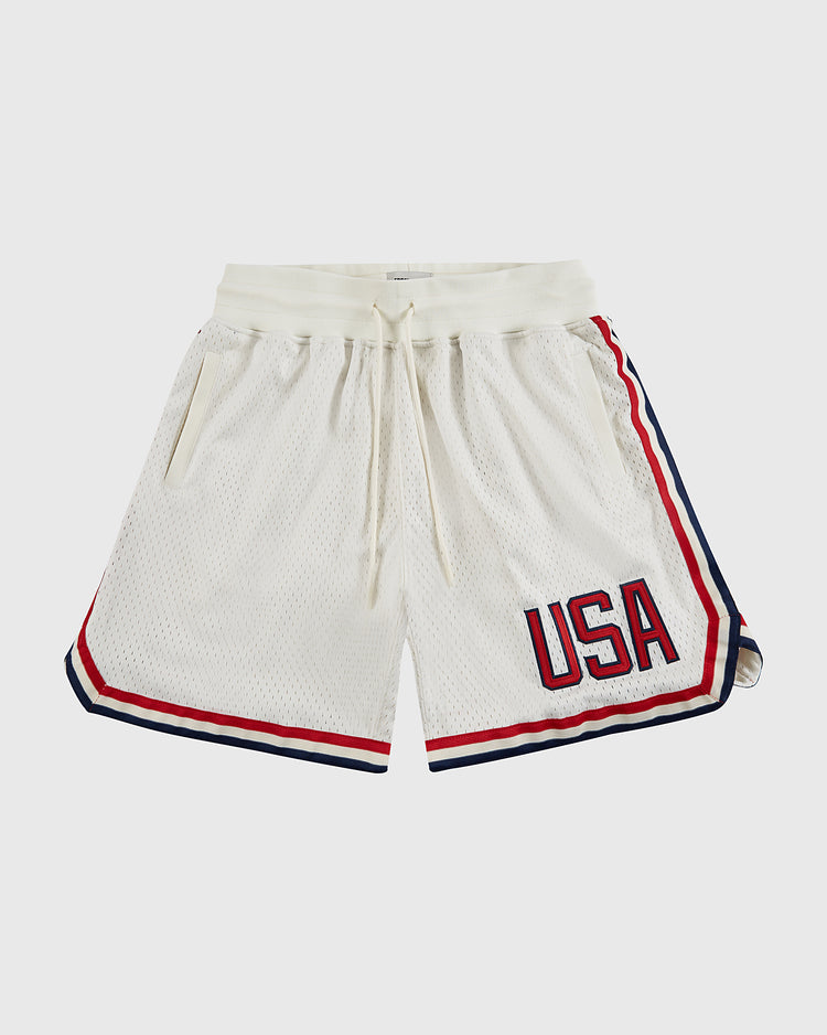 Ebbets Field USA National Team Mesh Shorts feature white athletic mesh, red and blue side stripes, 