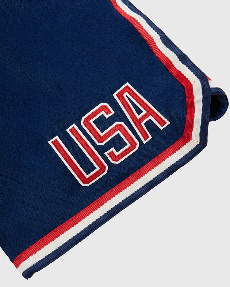 Close-up of the hem on Ebbets Field's USA National Team Mesh Shorts, featuring 