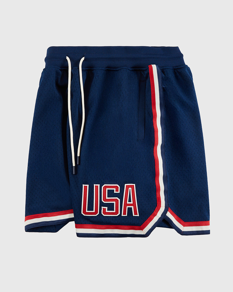 Ebbets Field USA National Team Mesh Shorts in navy blue feature breathable mesh, a white drawstring, red and white striped trim, and bold 