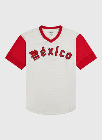 The Ebbets Field Diablos Rojos de Mexico V-Neck Mesh Jersey features white mesh with bold red sleeves, collar, and 