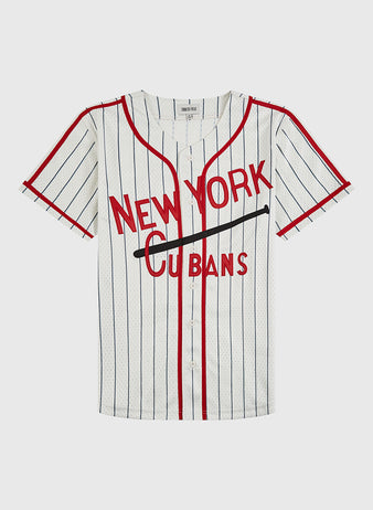 The Ebbets Field New York Cubans Mesh Baseball Jersey features white mesh with thin black stripes, red trim, and NEW YORK CUBANS across the chest—a tribute to the legendary Cuban baseball team.