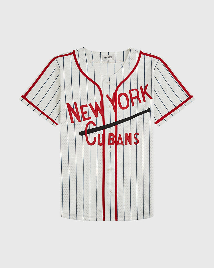 The Ebbets Field New York Cubans Mesh Baseball Jersey features white mesh with thin black stripes, red trim, and NEW YORK CUBANS across the chest—a tribute to the legendary Cuban baseball team.