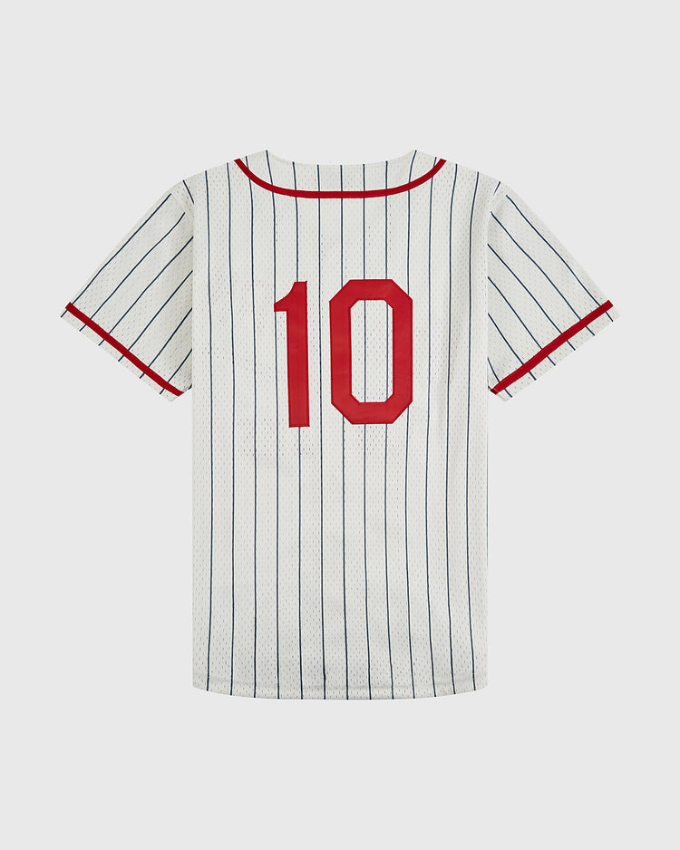 The New York Cubans Mesh Baseball Jersey by Ebbets Field features thin blue stripes, red sleeve and collar trim, and bold red number 10 on the back—honoring the classic style of the legendary Cuban baseball team.