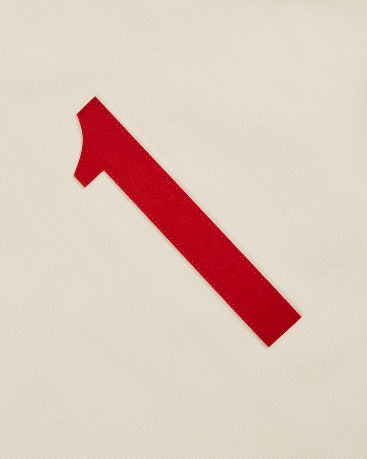 A red felt number 1 is sewn onto the Diablos Rojos del Mexico Cotton Twill Baseball Jersey by Ebbets Field, echoing the bold, classic style with clean edges and visible stitching along its border.