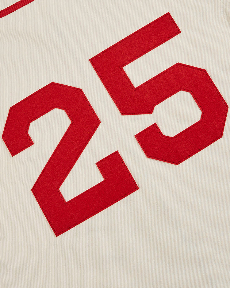 Close-up of the Ebbets Field Satchel Paige All-Stars 1933 Cotton Twill Jersey featuring a bold red number 25, inspired by classic Negro League baseball uniforms.