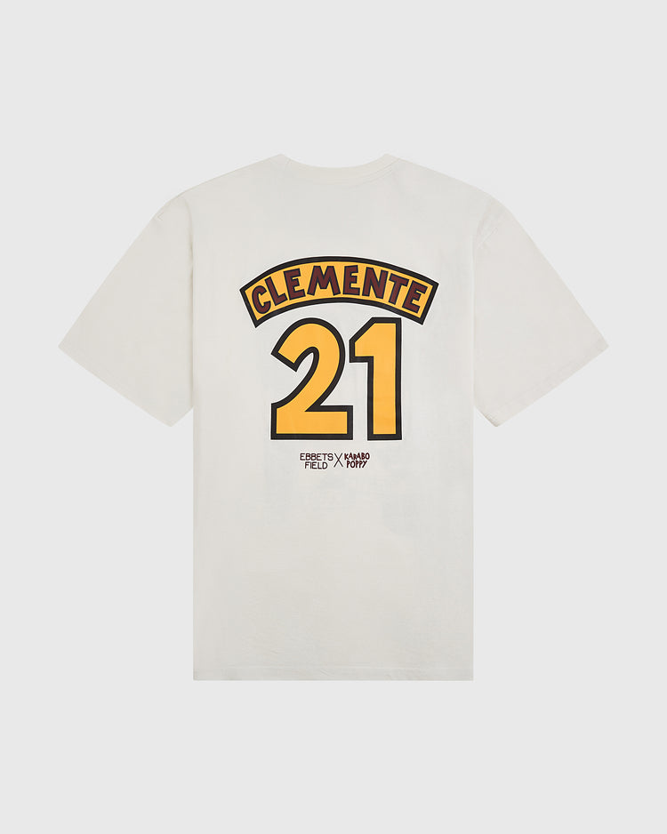 Celebrate Black History Month in the Karabo Poppy x Ebbets Field Roberto Clemente Tee by Ebbets Field, featuring his name arched above a bold yellow and black 21 on the back with 