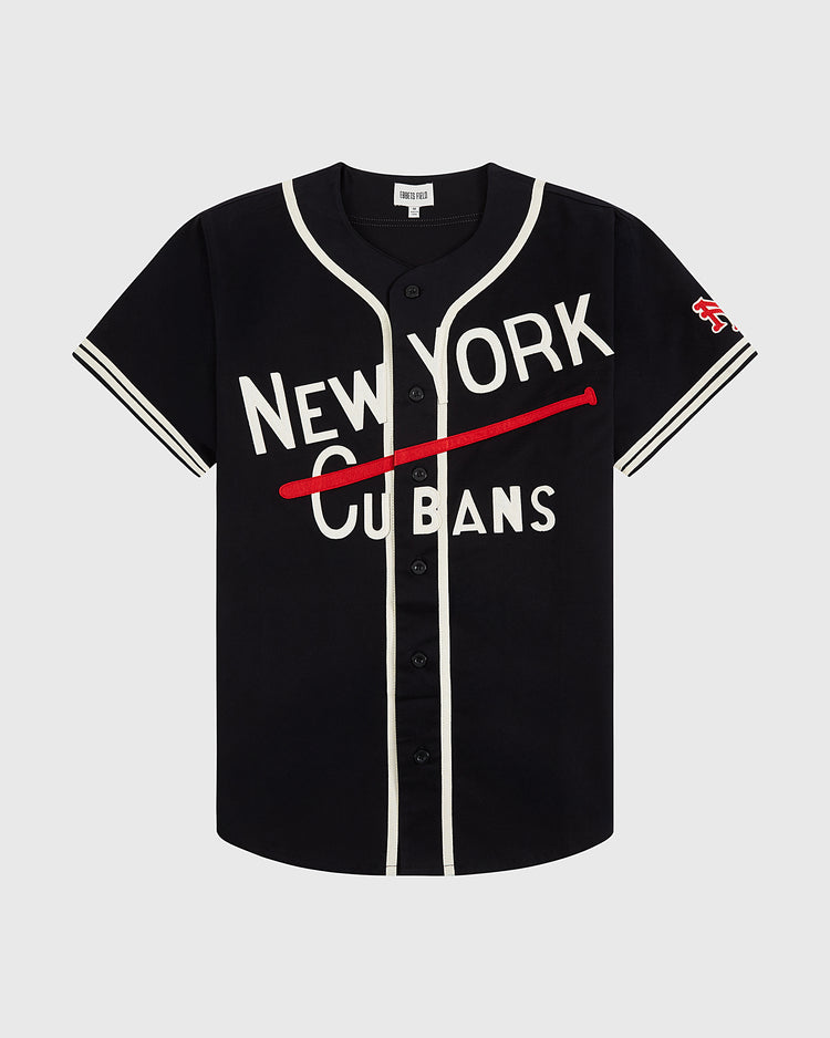 The Ebbets Field New York Cubans Cotton Twill Baseball Jersey features a black base with white trim, NEW YORK CUBANS lettering, a red bat graphic striking through CUBANS, and a red-and-white patch on the left sleeve.