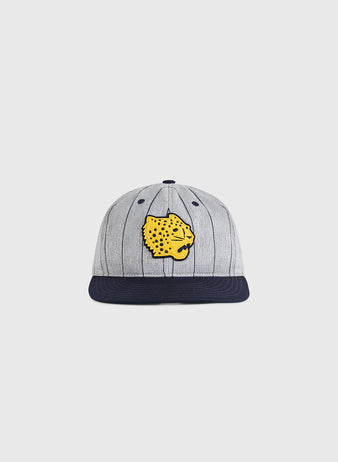 The Ebbets Field Santa Clara Leopardos 1925 Cotton Twill Ballcap features gray fabric with black pinstripes, a navy brim, and a yellow leopard head embroidered on the front.