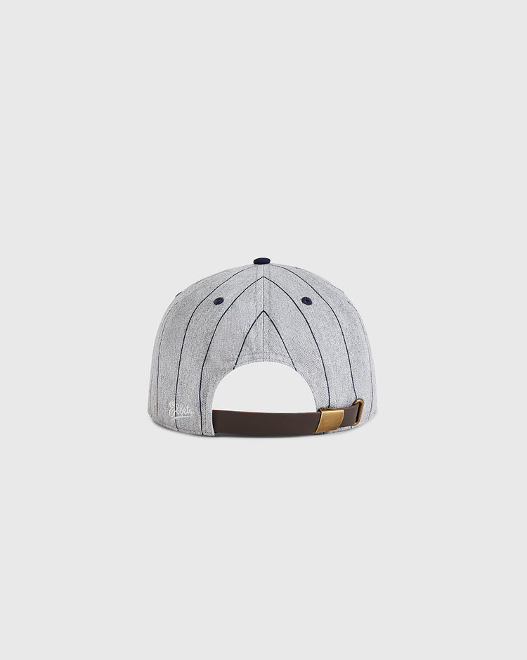 The Santa Clara Leopardos 1925 Cotton Twill Ballcap by Ebbets Field features light grey cotton fabric with dark pinstripes, a brown adjustable strap with gold buckle, and a white Leopardos logo on the back left side.