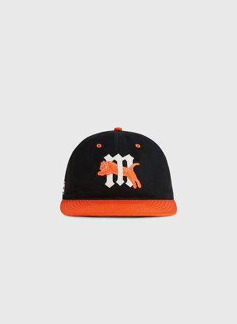 The Ebbets Field Marianao Tigres Cotton Twill Ballcap features a black crown, orange brim, white M, and orange tiger patch—ideal for fans of the classic Cuban League team.