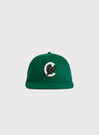 The Cienfuegos Elefantes Cotton Twill Ballcap by Ebbets Field is a green hat with a flat brim, a large white 