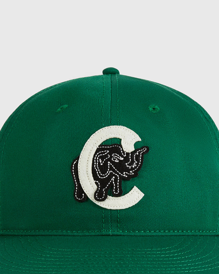 The Ebbets Field CIENFUEGOS ELEFANTES COTTON TWILL BALLCAP is a green cap with a white 