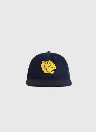 The Ebbets Field Santa Clara Leopardos 1925 Cotton Twill Ballcap features a navy blue design with a yellow cheetah head embroidered on the front, shown against a plain light gray background.