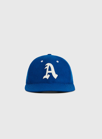 The Ebbets Field Almendares Alacranes 1947 Authentic Wool Ballcap features royal blue vintage wool with a white stylized 