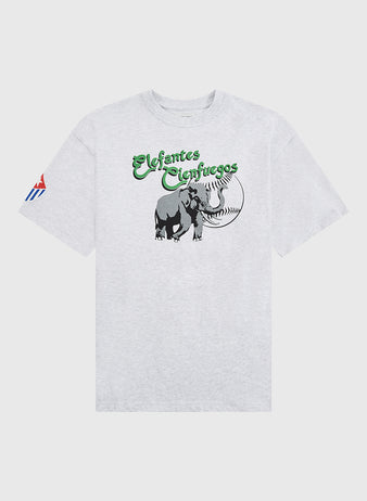 The Cienfuegos Elefantes Short Sleeve Graphic Tee by Ebbets Field features a light gray design with an elephant and baseball graphic, green 