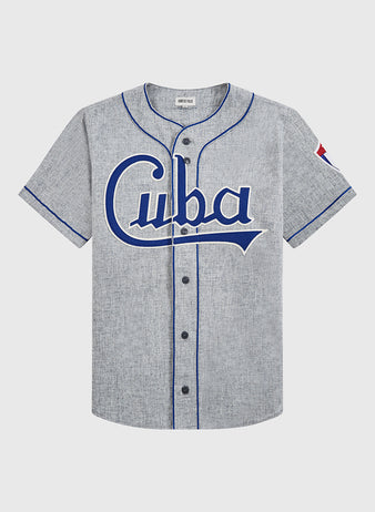 The EFF Cuba National Team 1947 Authentic Wool Road Baseball Jersey features gray wool, blue piping, 