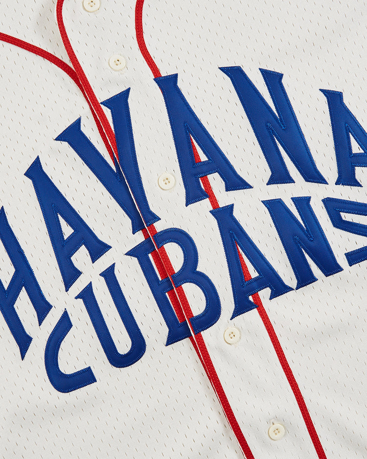 A close-up of the Ebbets Field Havana Cubans Mesh Baseball Jersey, showcasing blue 