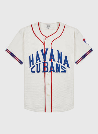 The Ebbets Field Havana Cubans Mesh Baseball Jersey is a white vintage-style top with red trim, blue 