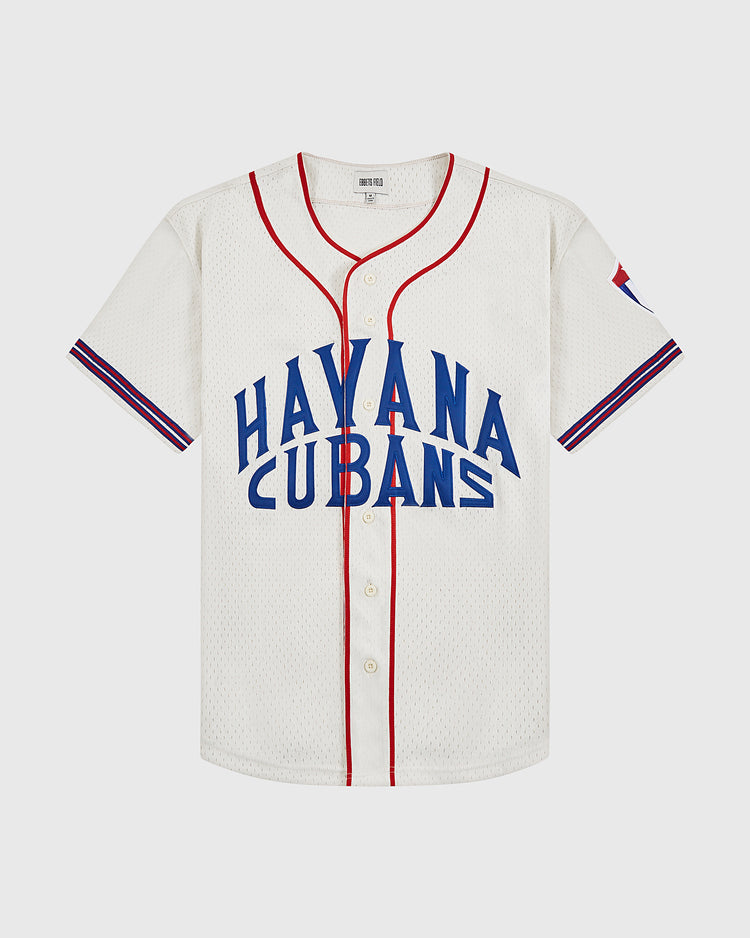 The Ebbets Field Havana Cubans Mesh Baseball Jersey is a white vintage-style top with red trim, blue 