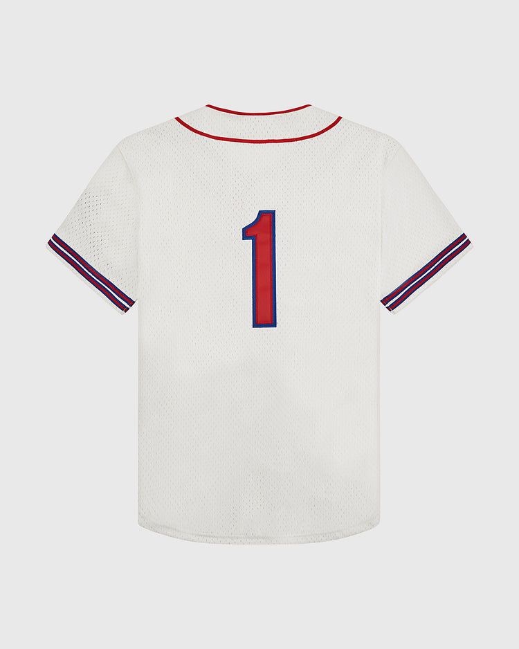The Ebbets Field Havana Cubans Mesh Baseball Jersey is a vintage-style white sports top with red and blue trim and a bold blue and red number 1 on the back, inspired by classic Havana Cubans designs.