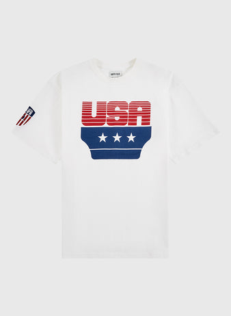 The Ebbets Field USA Short Sleeve Graphic Tee features bold red and blue striped 