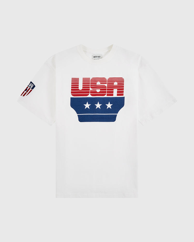 The Ebbets Field USA Short Sleeve Graphic Tee features bold red and blue striped 
