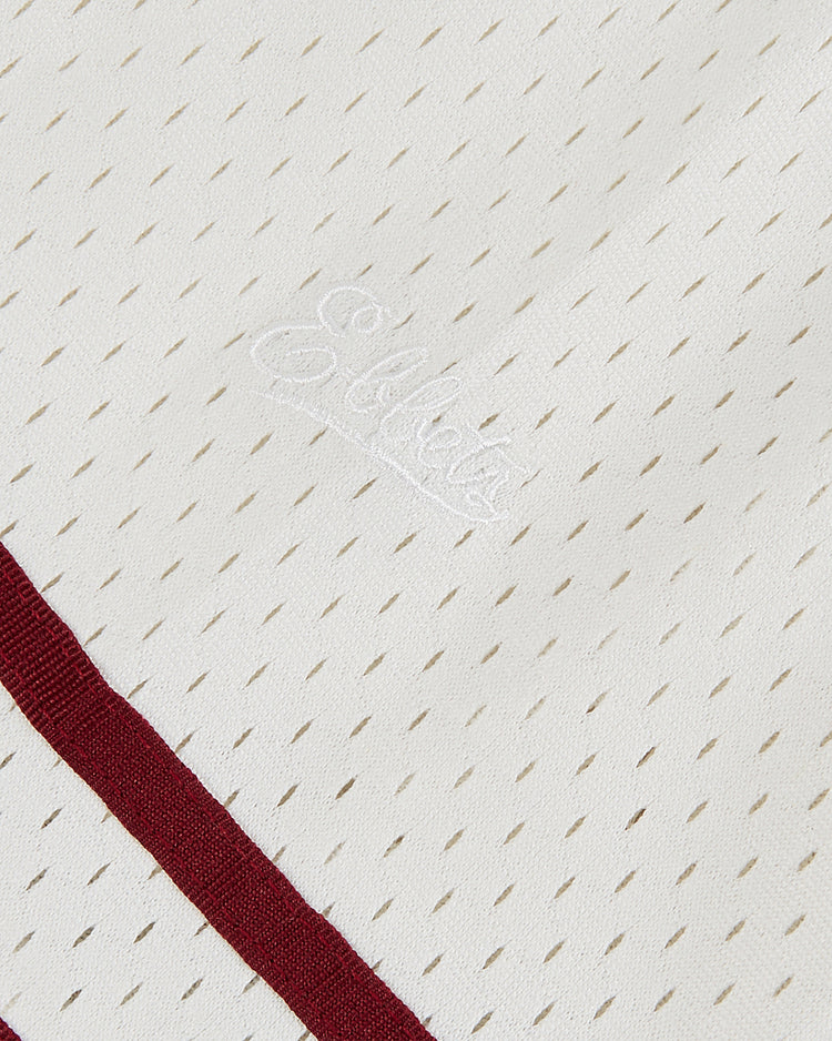 Close-up of Texas A&M University 1952 Mesh Baseball Jersey by Ebbets Field, featuring white perforated mesh, diagonal 