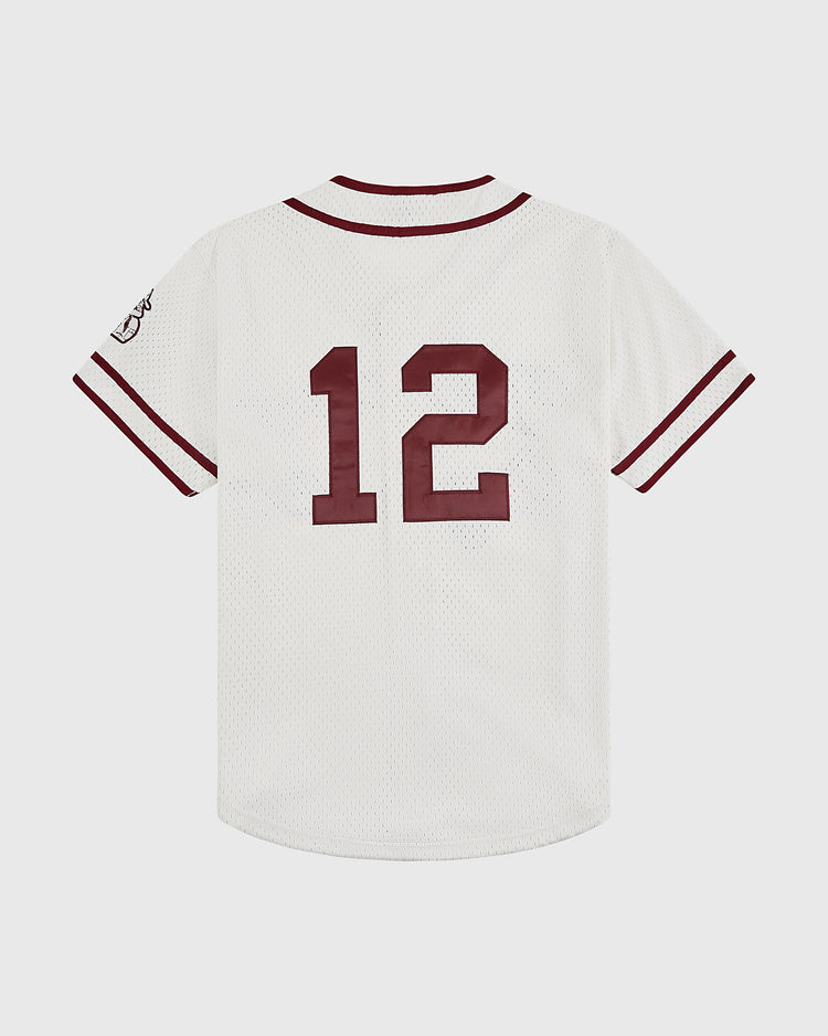 The Ebbets Field Texas A&M University 1952 Mesh Baseball Jersey features maroon sleeve and collar stripes, a bold #12 on the back, and an embroidered left-sleeve design—ideal for Aggies fans.