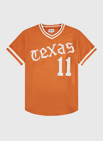 The Ebbets Field University of Texas 1982 V-Neck Mesh Jersey features orange mesh, striped sleeves, 