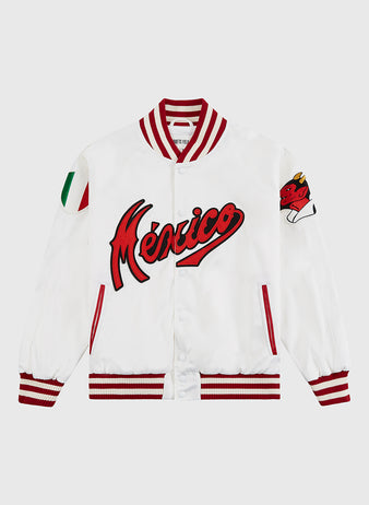 The Ebbets Field Diablos Rojos del Mexico Satin Varsity Jacket features red-striped cuffs, 