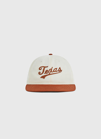 The Ebbets Field University of Texas 1975 Cotton Twill Ballcap features a white crown, brown brim, and 