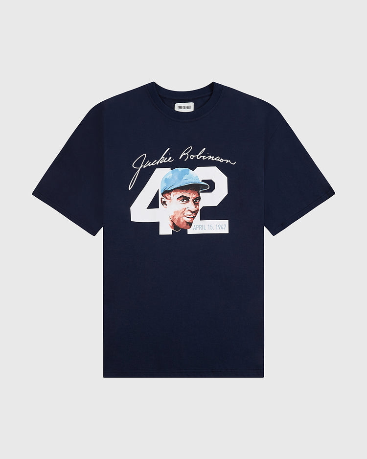 The Ebbets Field Jackie Robinson Watercolor Portrait Short Sleeve Graphic Tee features a watercolor illustration and number 42—perfect for fans and history lovers celebrating this civil rights legend.