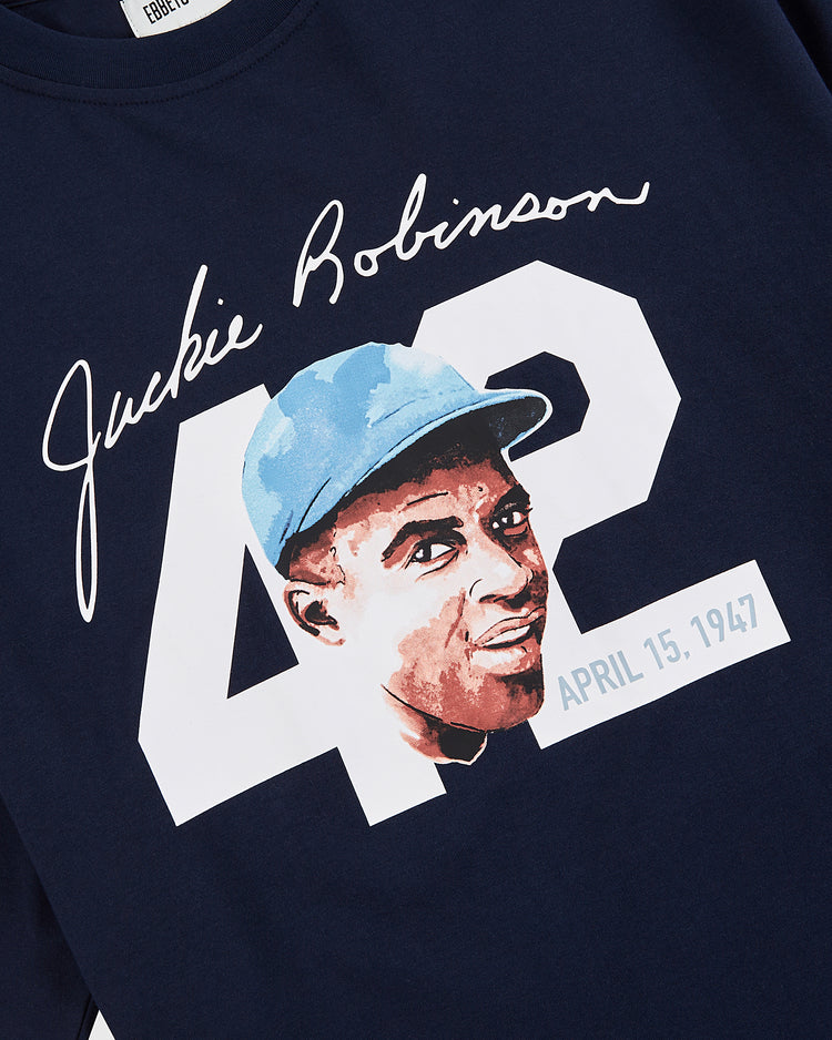 The Ebbets Field Jackie Robinson Watercolor Portrait Short Sleeve Graphic Tee features his face, signature, number 42, and April 15, 1947, honoring this civil rights legend with a bold design.